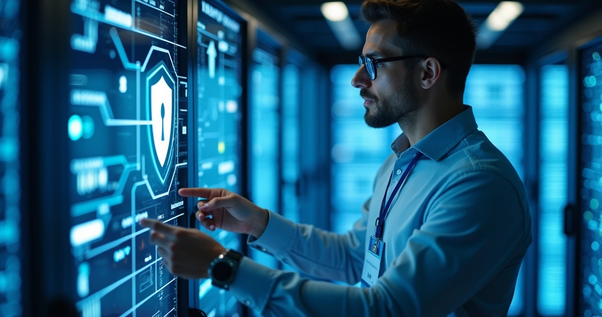 Técnico de TI configurando firewall em servidor corporativo 