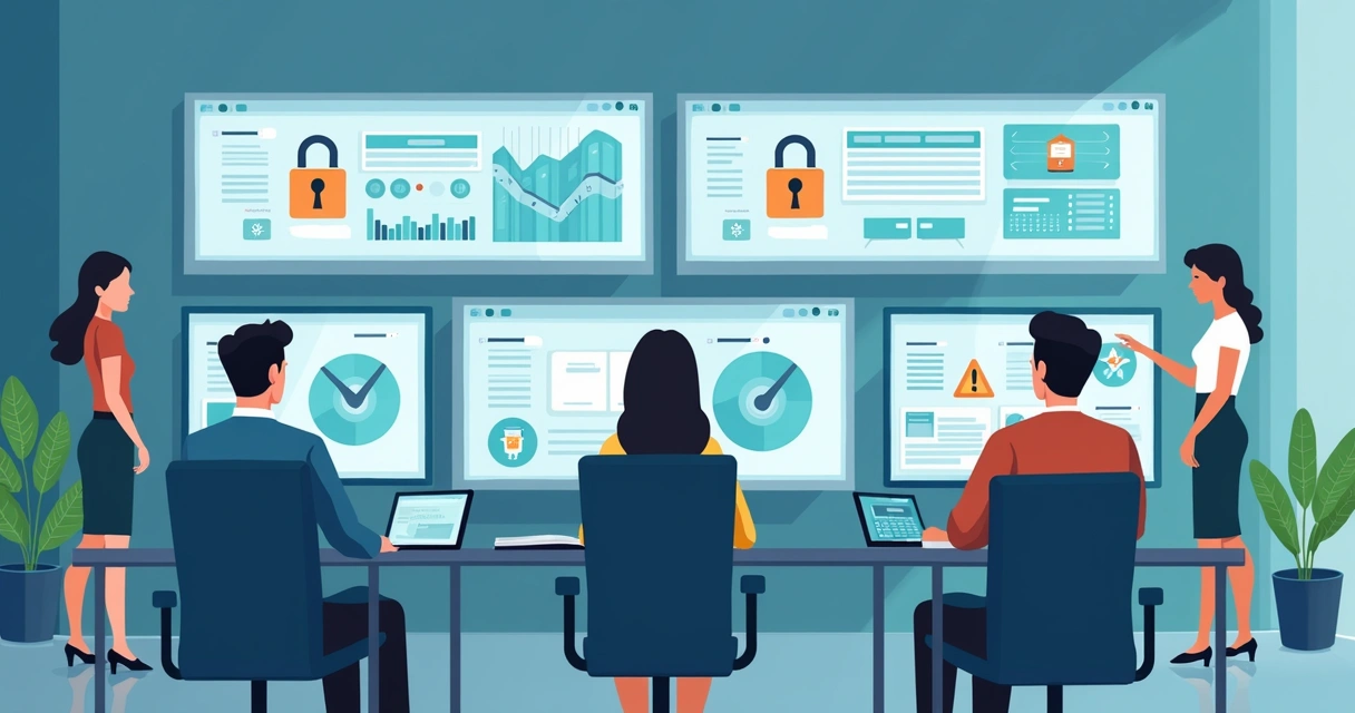 Equipe de TI monitorando segurança de dados e servidores 