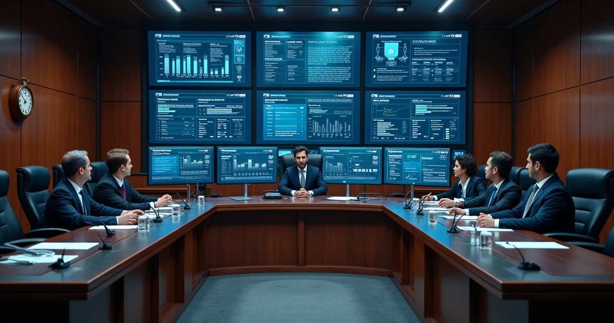 Sala de tribunal com telas mostrando gráficos de segurança digital
