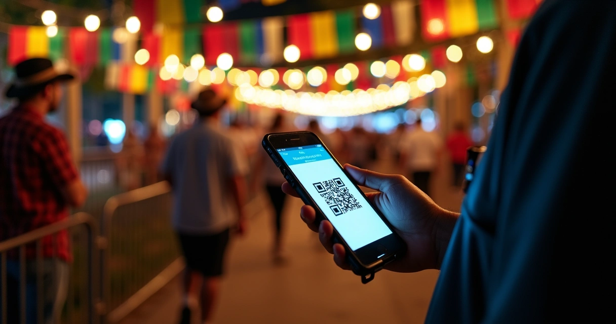 Segurança checando QR code de ingresso digital em entrada decorada de festa junina 