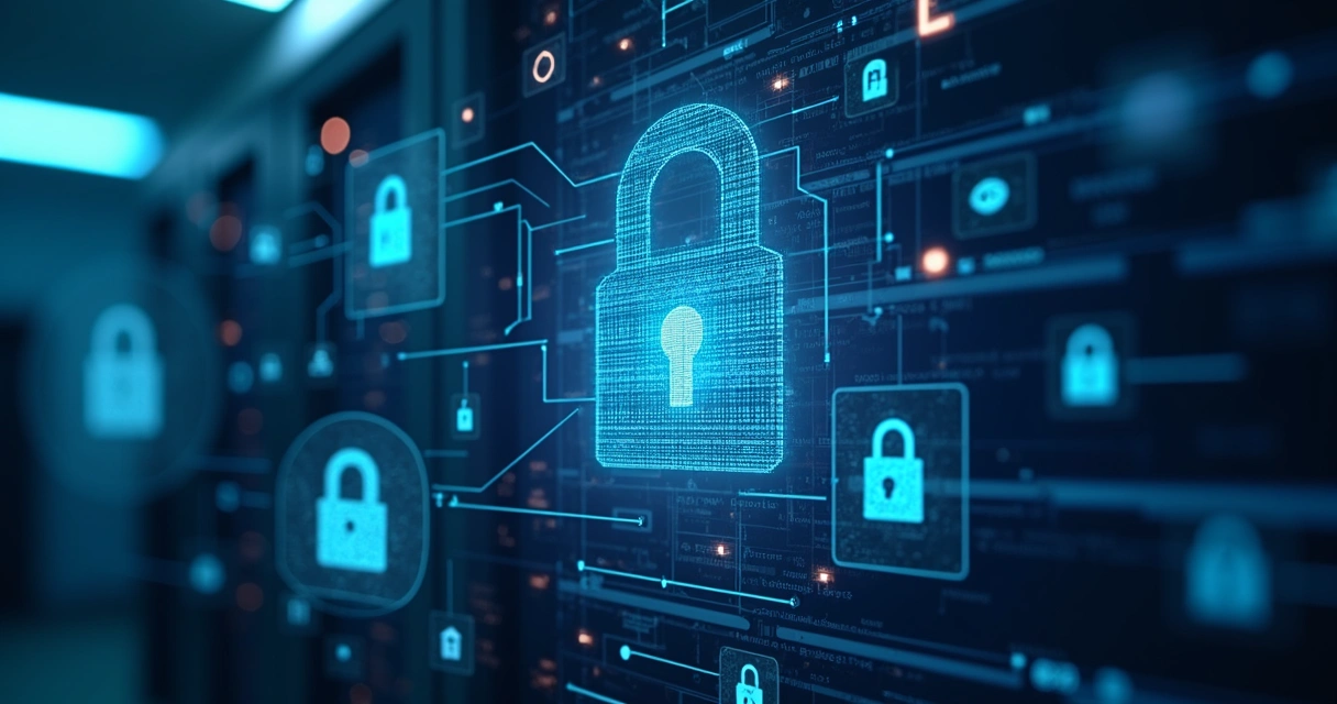 Representação gráfica de sistemas bancários conectados mostrando cadeados em evidência