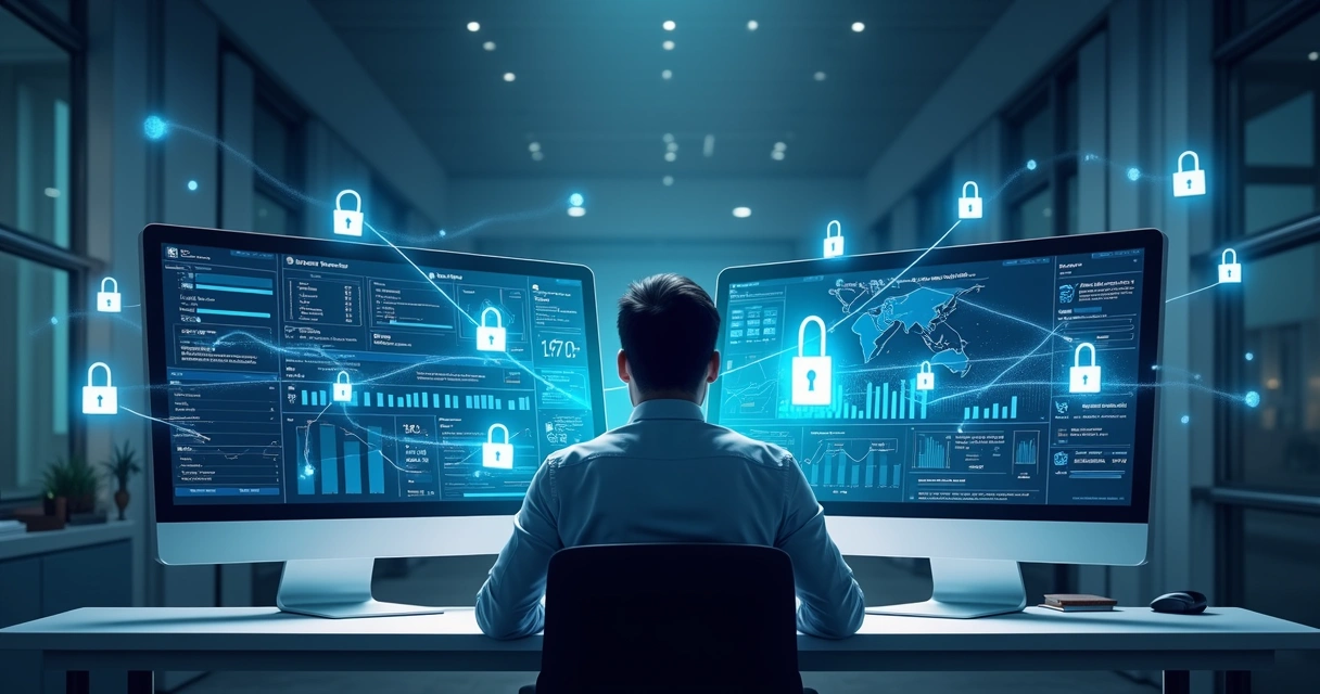 Ilustração de dois sistemas, representando CRM e IA, conectados por linhas seguras e cadeados, com a imagem de um corretor de imóveis analisando dados. 