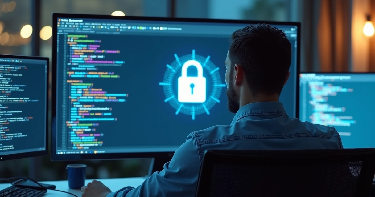 Desenvolvedor diante de tela com API de NFS-e e cadeado digital 