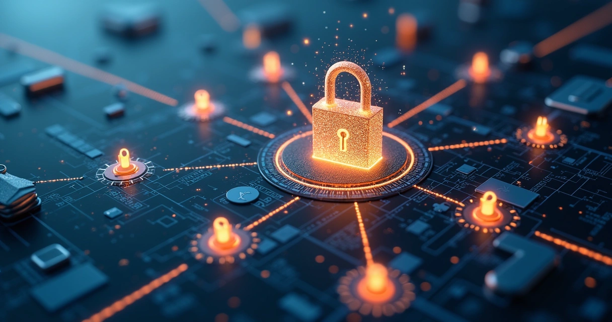 Ilustração de um cadeado digital no centro, conectado a bancos e sistemas em nuvem por linhas criptografadas. 