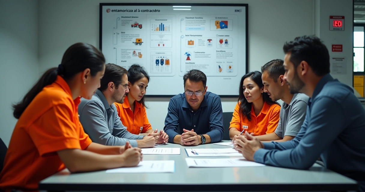 Equipes de funcionários próprios e terceirizados reunidas ao redor de uma mesa discutindo diretrizes de segurança do trabalho 