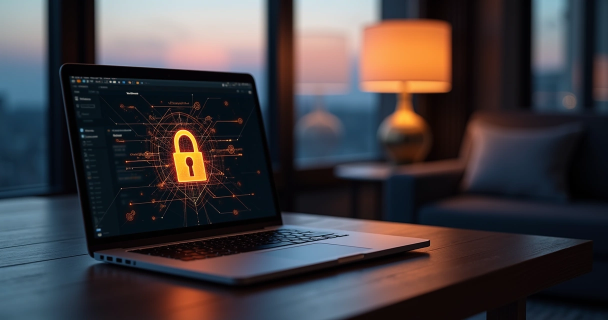 Pessoa usando notebook à meia luz com tela protegida por cadeado digital 