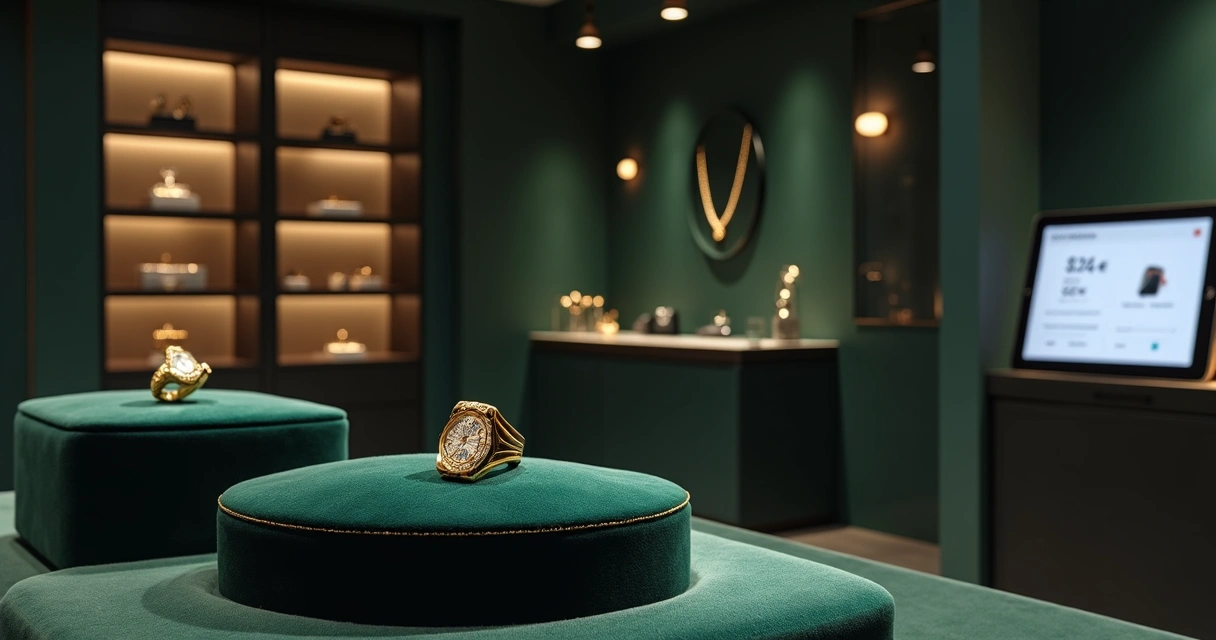 Interior de joalheria elegante com cofres e câmeras discretas ao fundo 