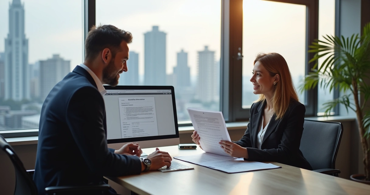 Advogado e proprietário conferindo documentos de obra regularizada 