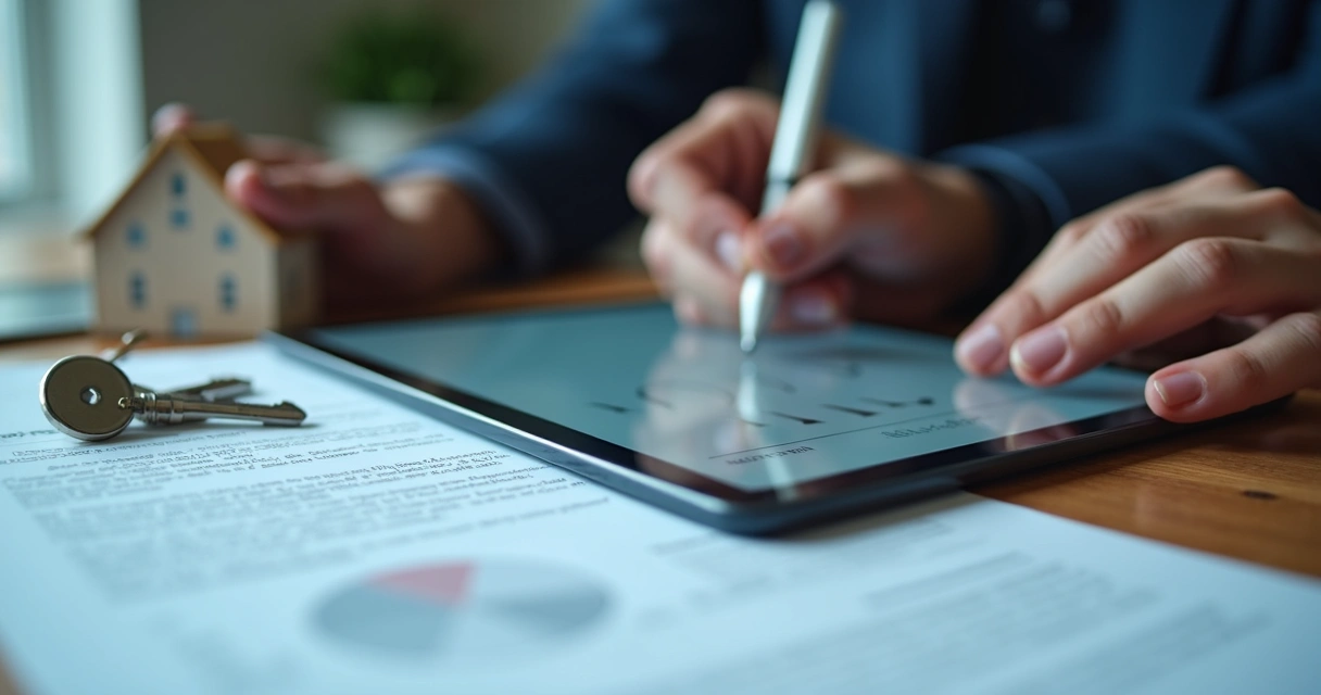 Pessoa assinando digitalmente contrato imobiliário em tablet 