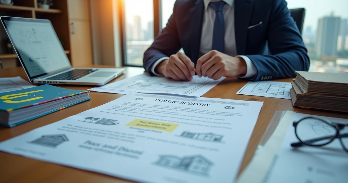 Advogado revisa matrícula de imóvel em mesa com documentos e planta detalhada 