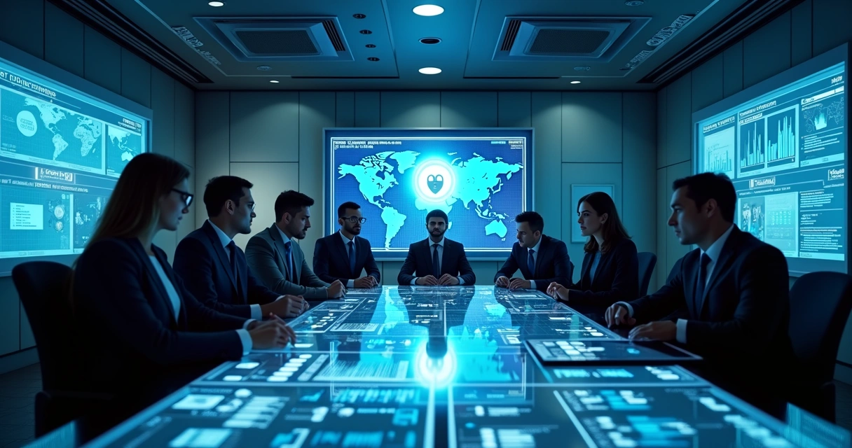 Equipe de segurança da informação reunida em tribunal digitalizado 
