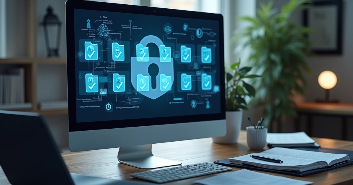 Tela de computador exibindo pasta digital com ícones de cadeado 