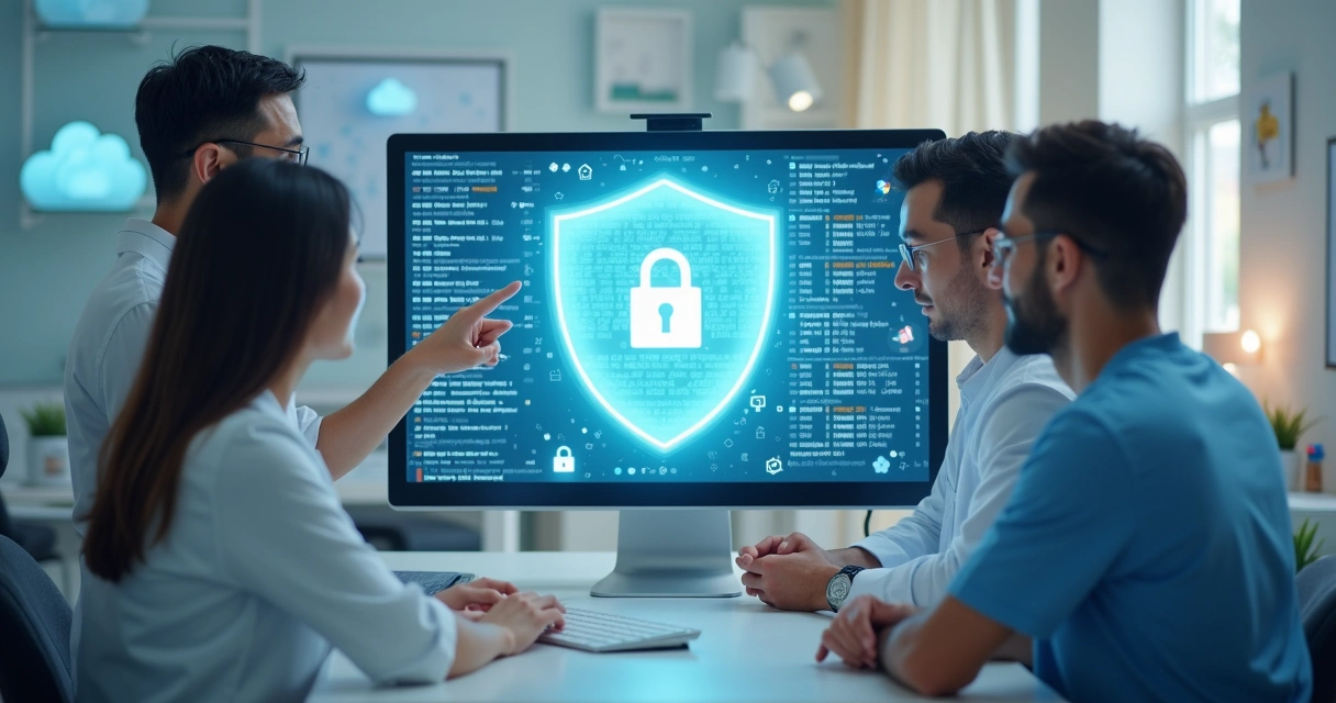 Equipe de clínica odontológica reunida em torno de computador com escudo digital