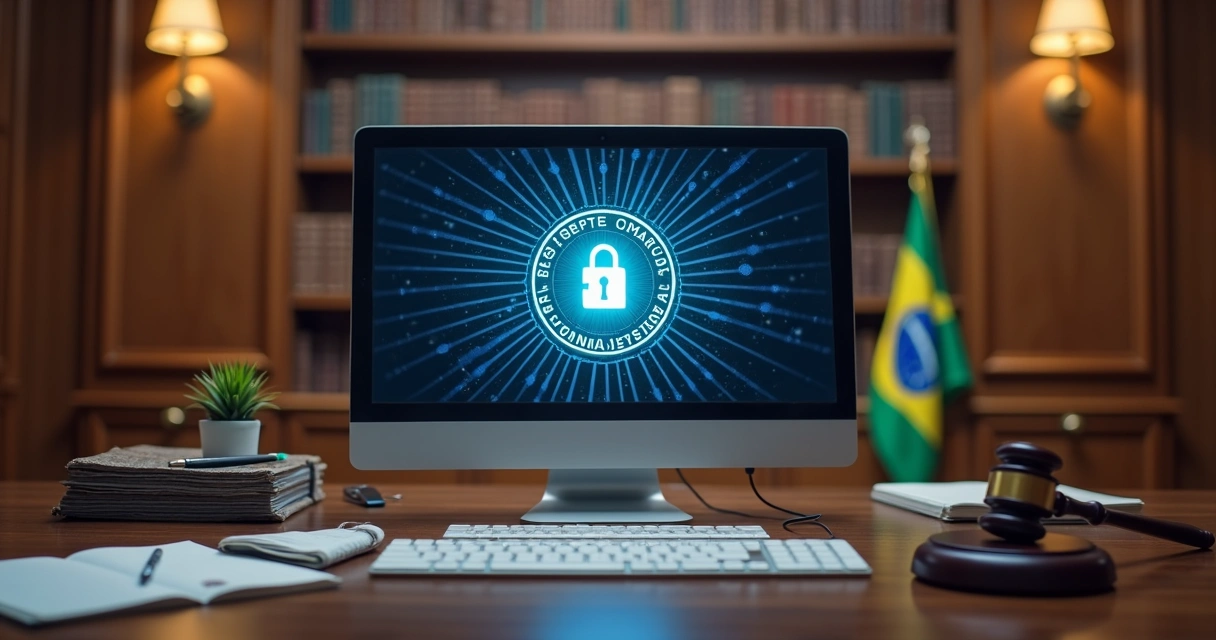 Tela de computador mostrando aviso de proteção de dados e cadeado digital