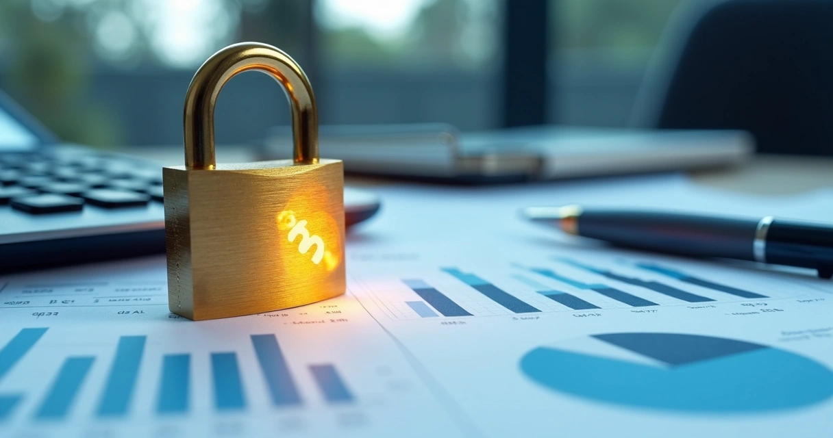 Símbolo de cadeado dourado sobre documentos contábeis representando LGPD 