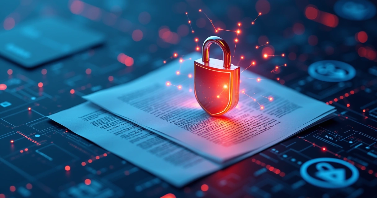 Conceito de segurança LGPD nos dados financeiros vermelhos e azuis 