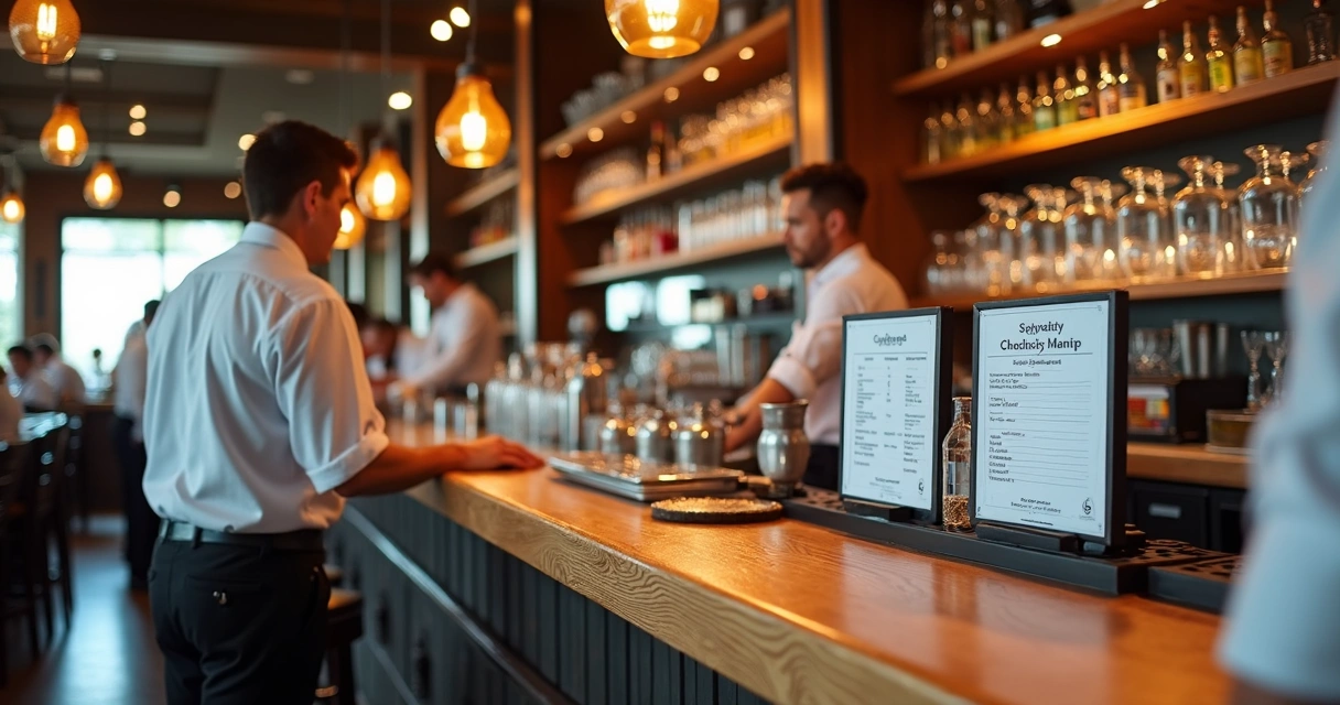 Área de bar organizada com sinalização e checklists de segurança 