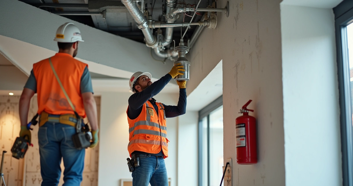 Equipe instalando sprinkler e extintor em loja em obras no shopping 