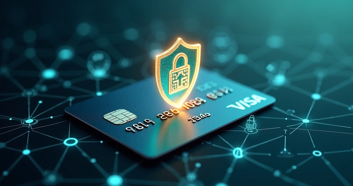 Ilustrações de cadeados, escudo e cartão de crédito em ambiente digital 