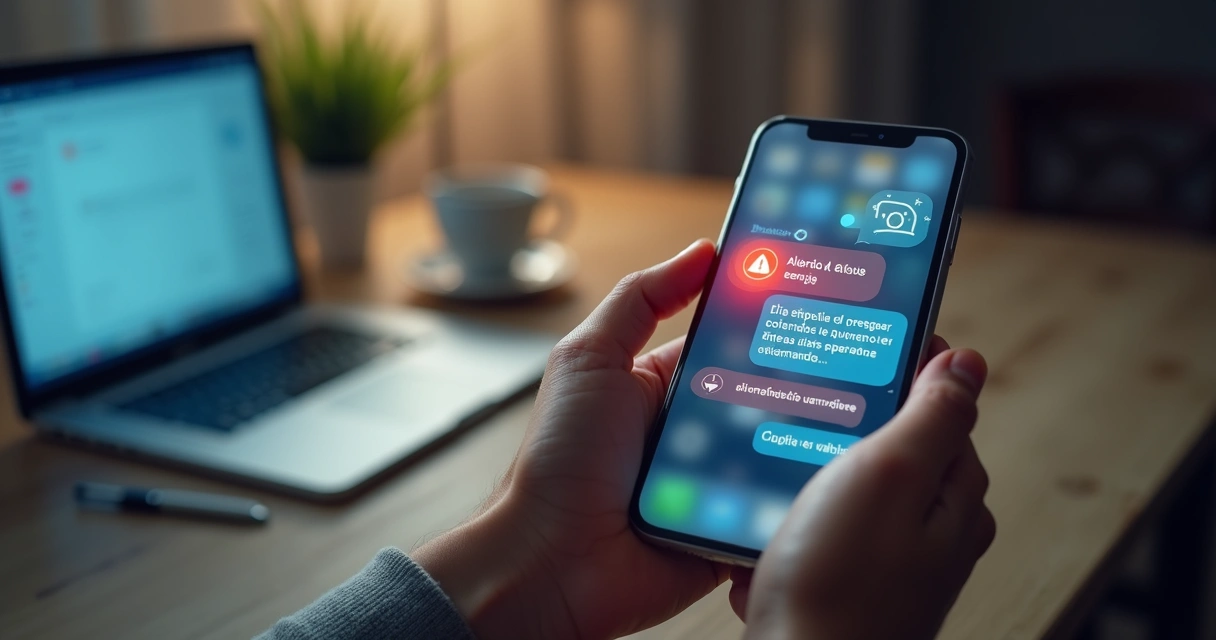 Pessoa segurando smartphone com alerta de golpe em aplicativo de mensagens 