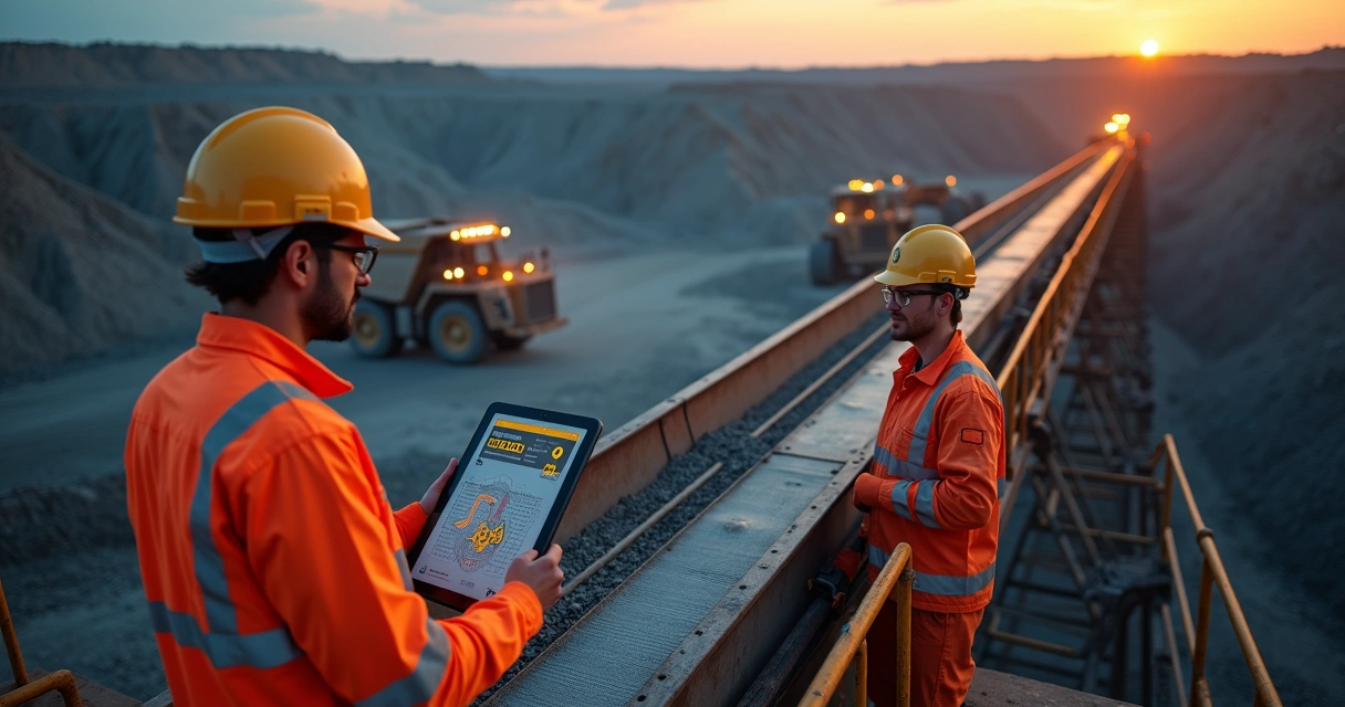 Engenheiros verificando dispositivos de segurança em correia transportadora de mineração 