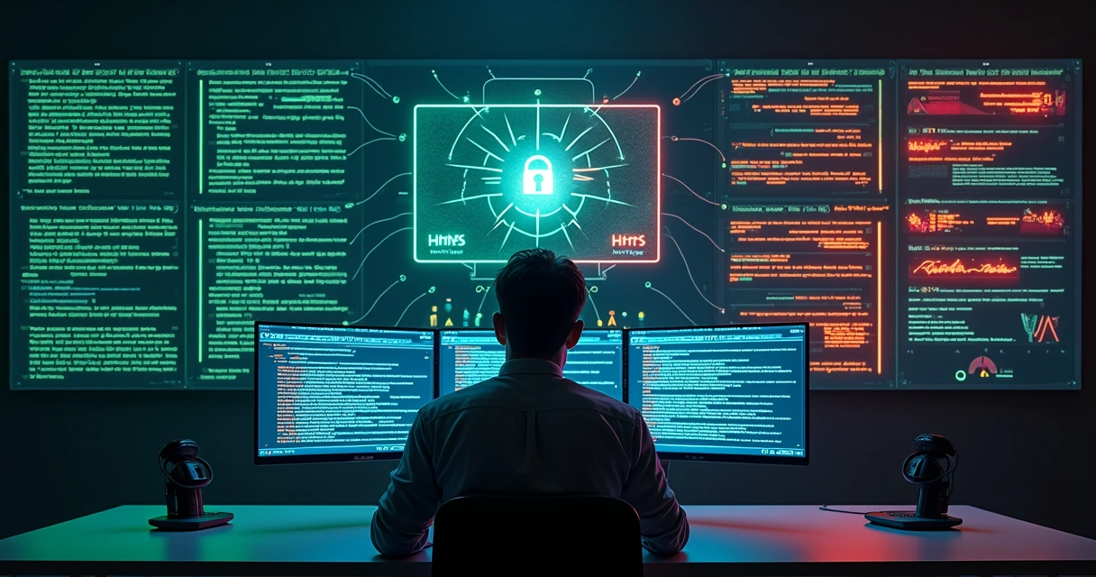 Painel visual com cadeado HTTPS protegido e alerta vermelho de HTTP no navegador 