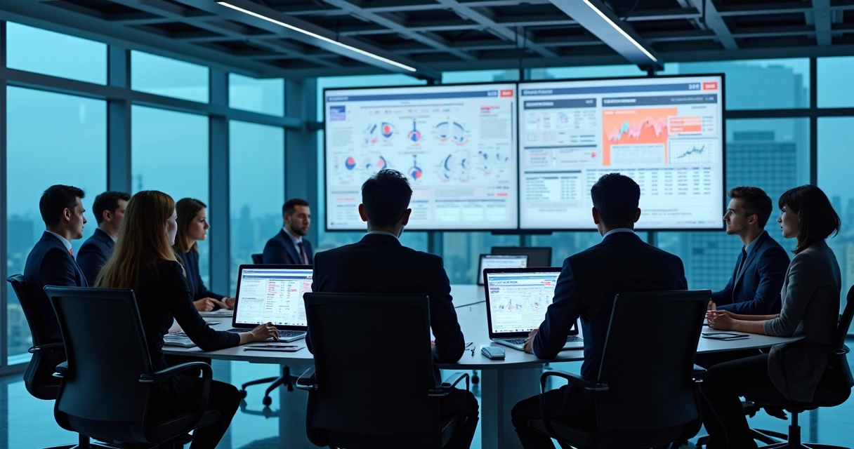 Equipe de compliance analisando dados digitais projetados em uma sala de operações corporativa moderna