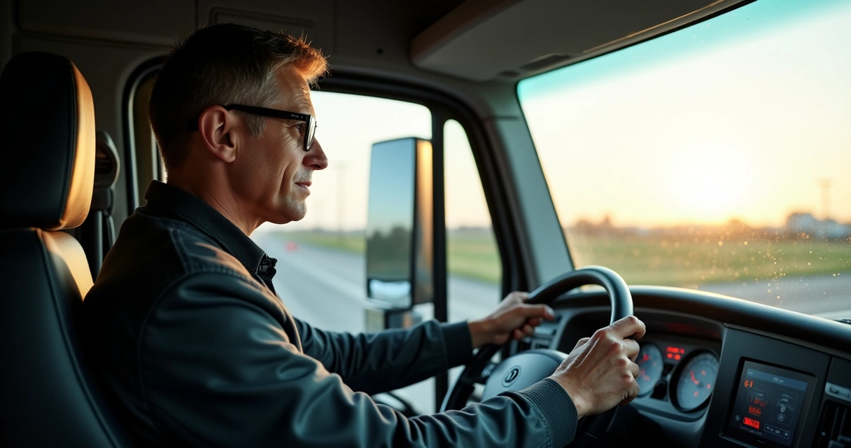 Motorista de caminhão atento e seguro ao volante com painel digital ativo 