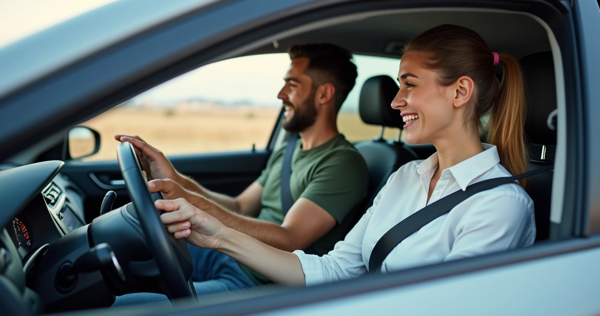 Aluno com instrutor usando cinto de segurança em aula prática de direção