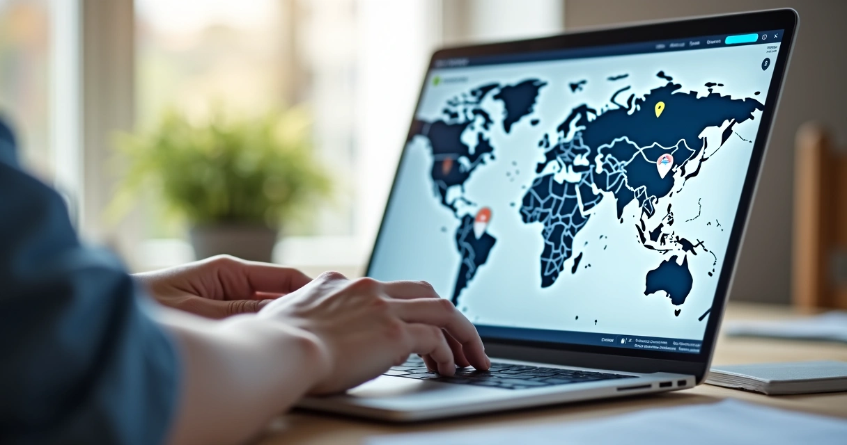 Pessoa usando laptop com interface de mapa interativo mostrando imóveis à venda e ícones de segurança digital 