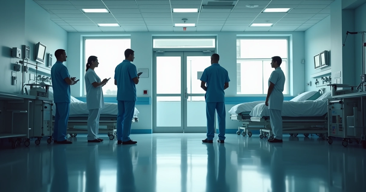 Médicos reunidos em sala de emergência com equipe de segurança atenta à porta 