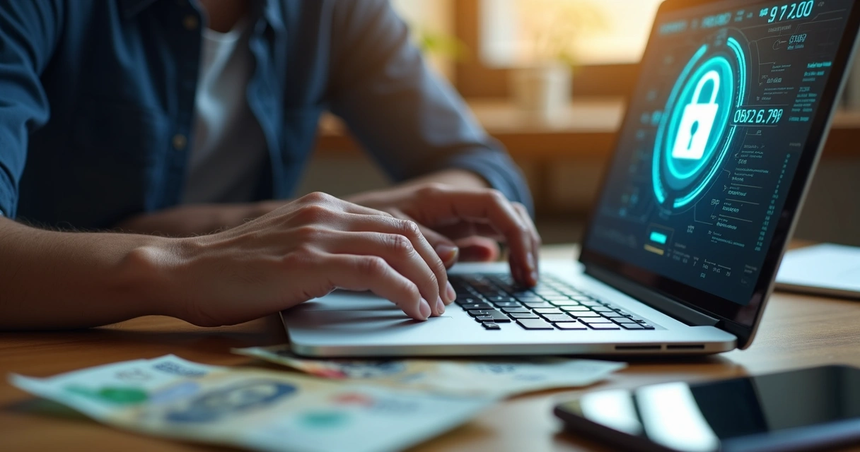 Pessoa usando notebook para apostar online com cadeado digital na tela