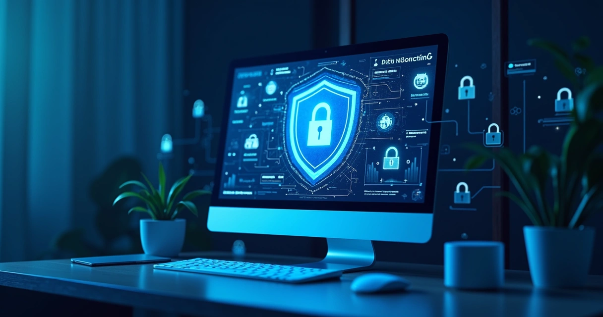 Representação de segurança digital com escudo em tela de computador 