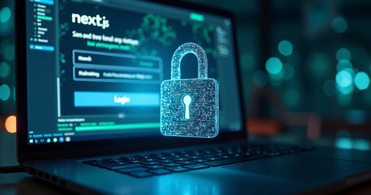 Tela de login Next.js com cadeado digital brilhante 