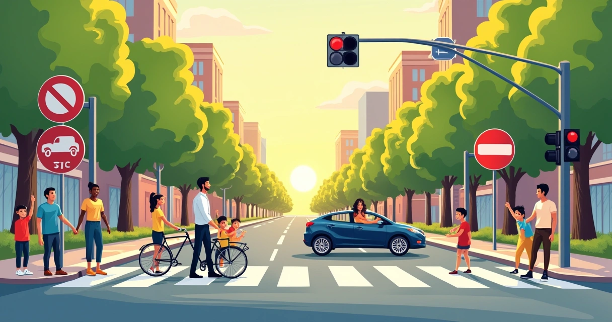 Ilustração de uma cena urbana vibrante mostrando pessoas cruzando a rua com segurança e respeito às regras de trânsito.