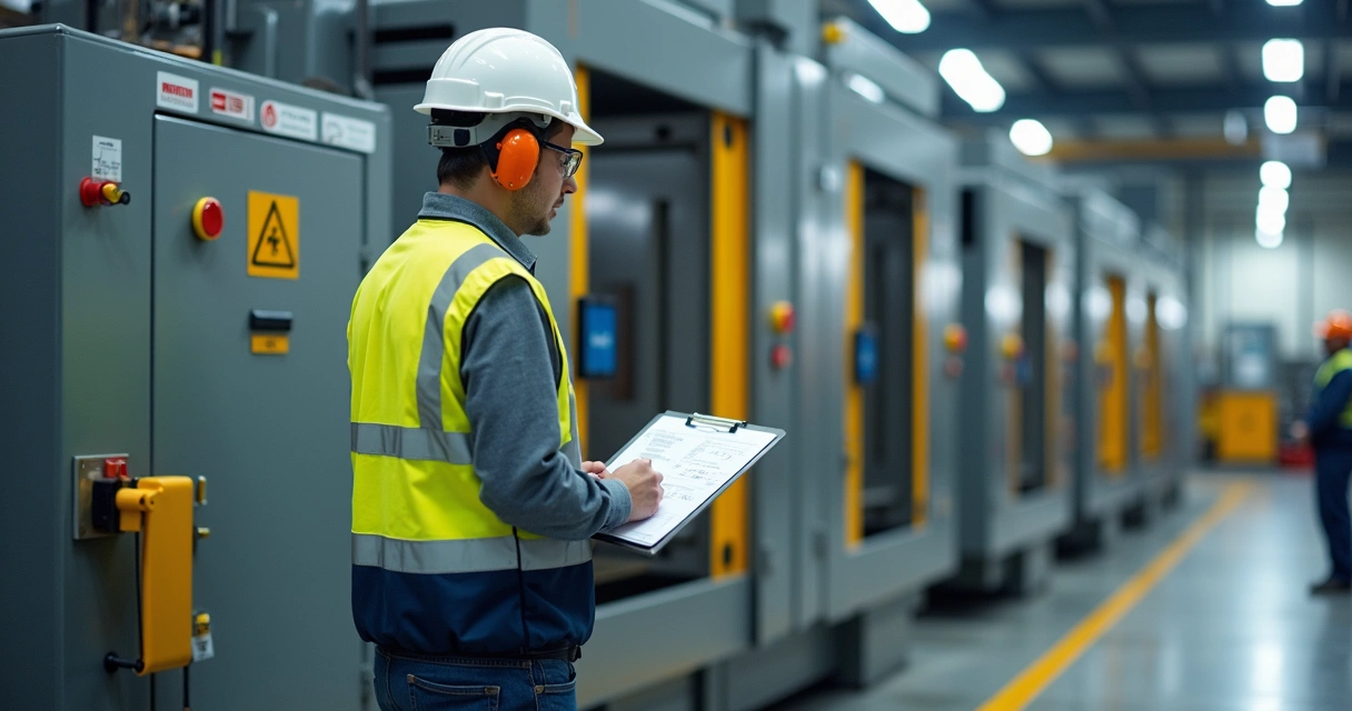 Engenheiro inspecionando máquina industrial com proteções de segurança instaladas 