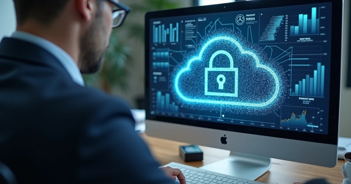 Profissional de escritório contábil analisando documentos digitais com ícones de segurança ao fundo 