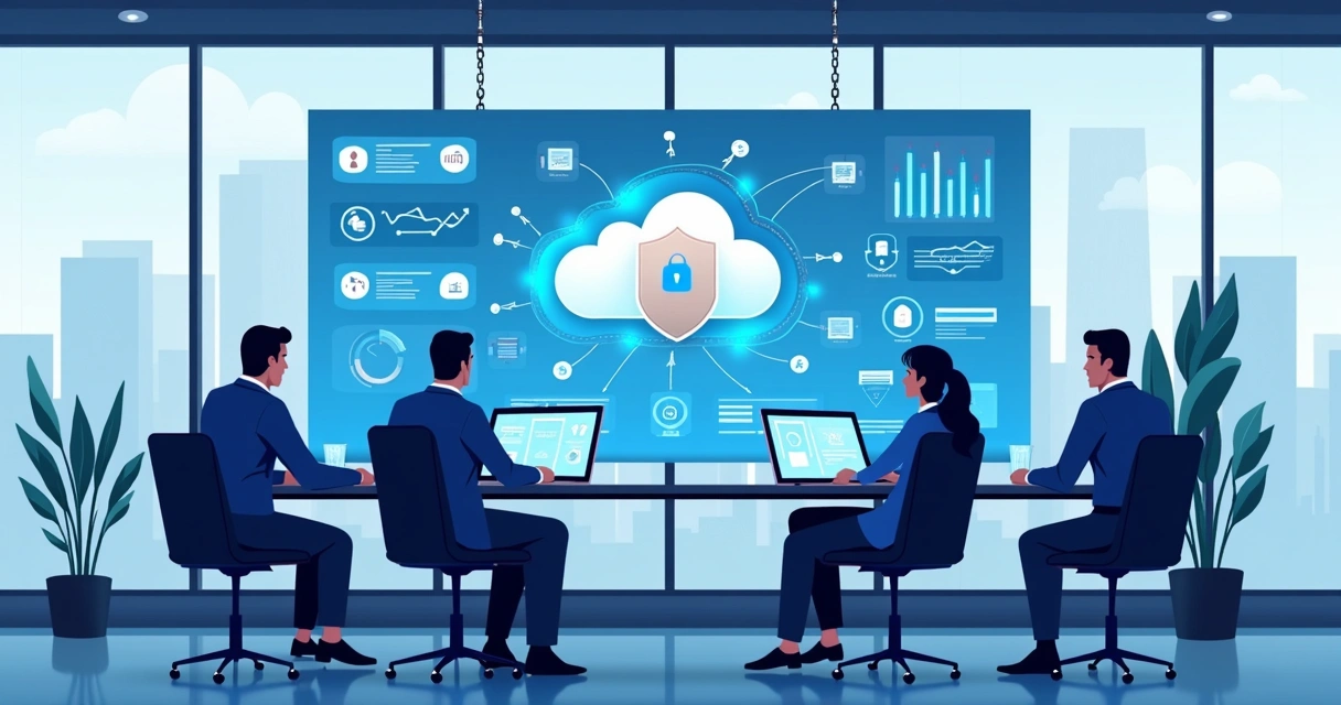 Painel digital com camadas de segurança em nuvem e profissionais monitorando dados