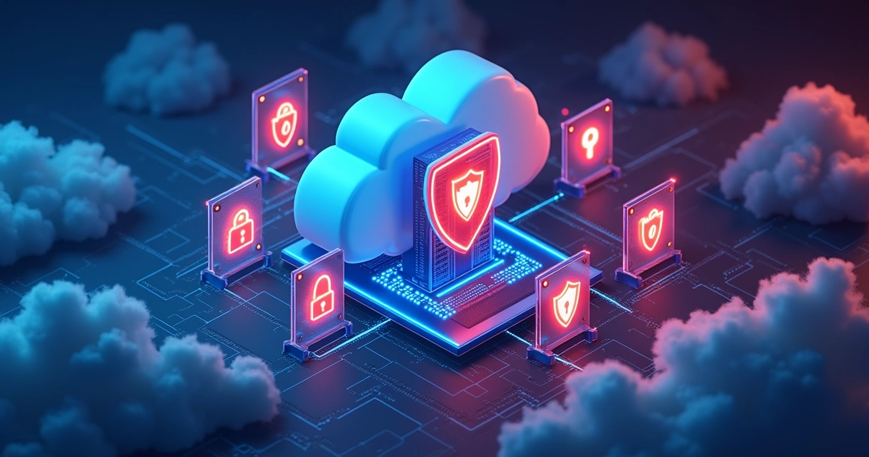 Imagem de firewall digital protegendo infraestrutura na nuvem