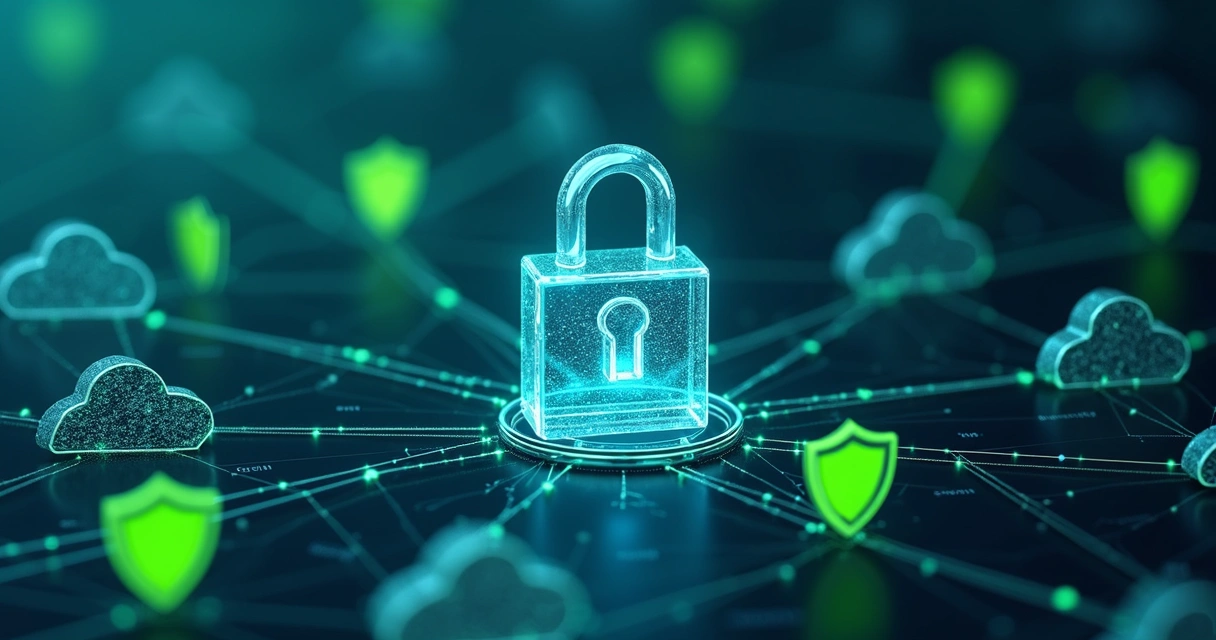 Ícone de cadeado digital protegendo conexão entre sistemas de nuvem 