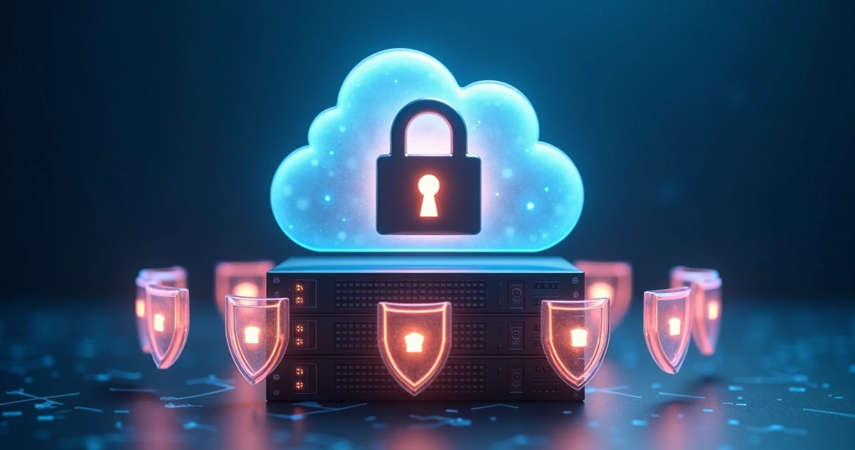 Símbolo de cadeado sobre servidor em nuvem, com camadas de proteção visíveis. 