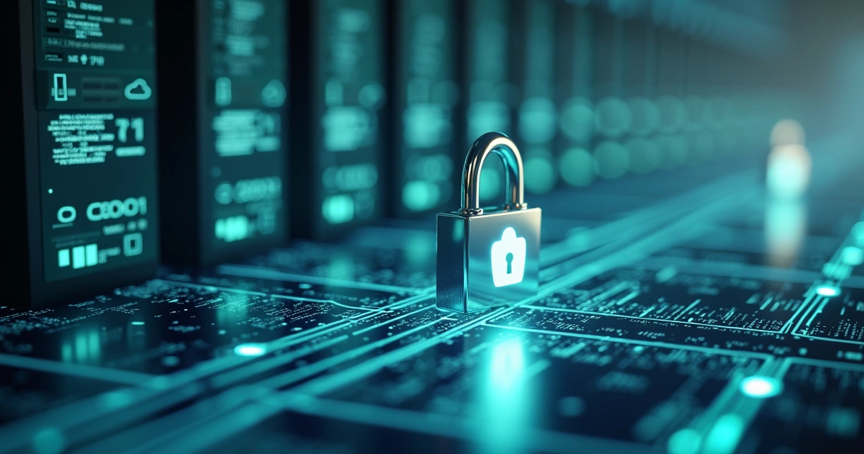 Ilustração de servidores em nuvem privada, cadeado digital e códigos de criptografia 
