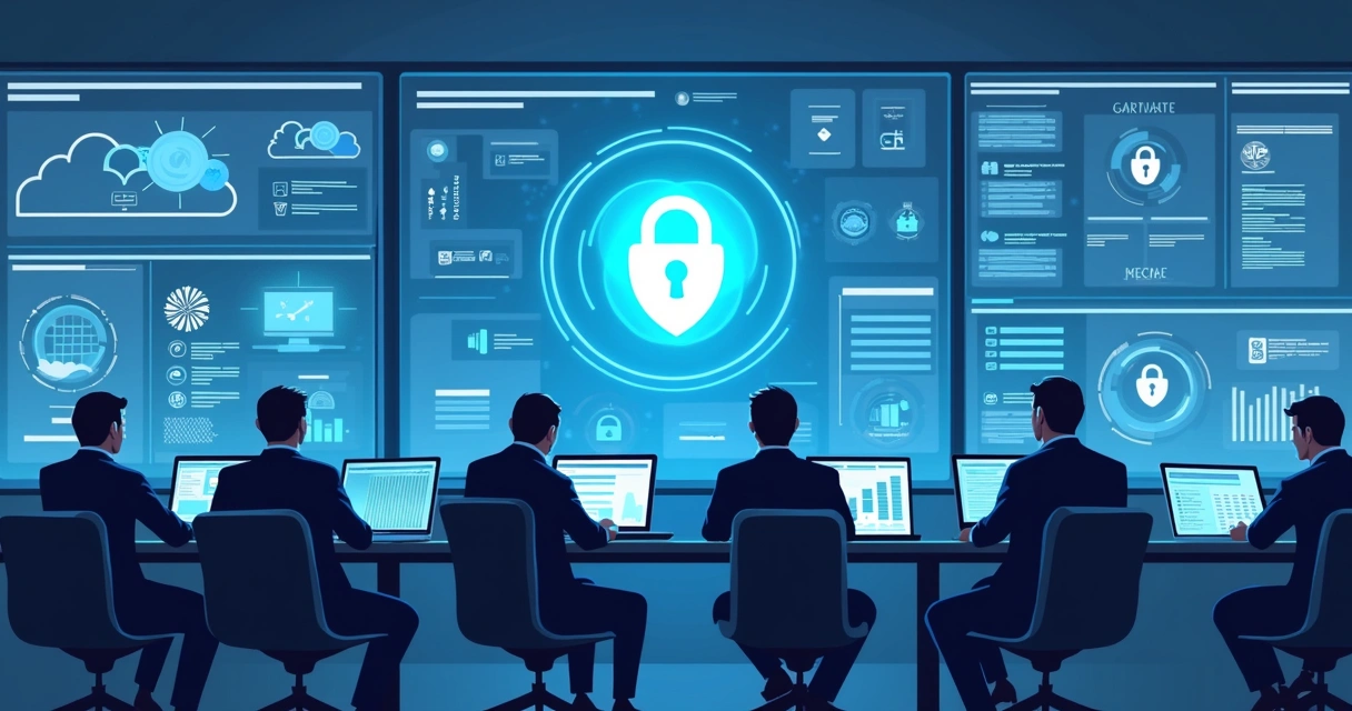 Equipe de TI monitorando segurança em múltiplas telas 