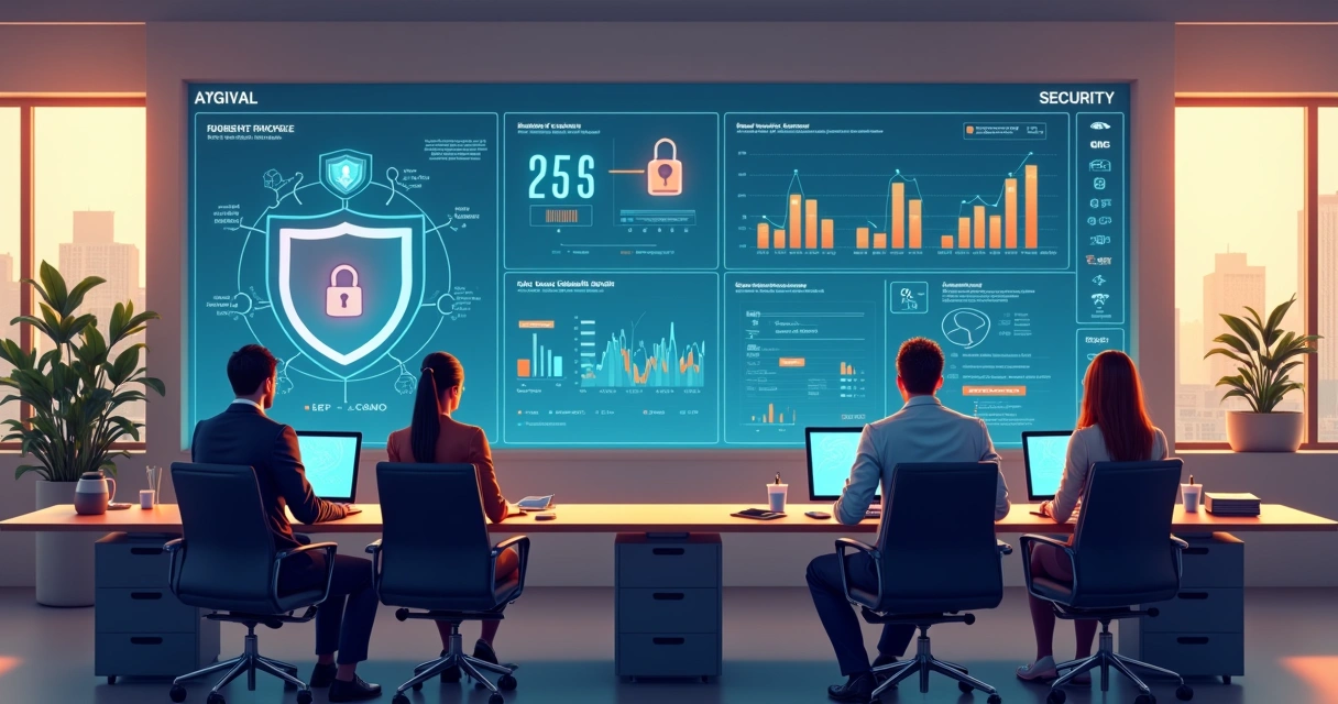 Painel digital com dashboards de segurança e alertas em ambiente corporativo.