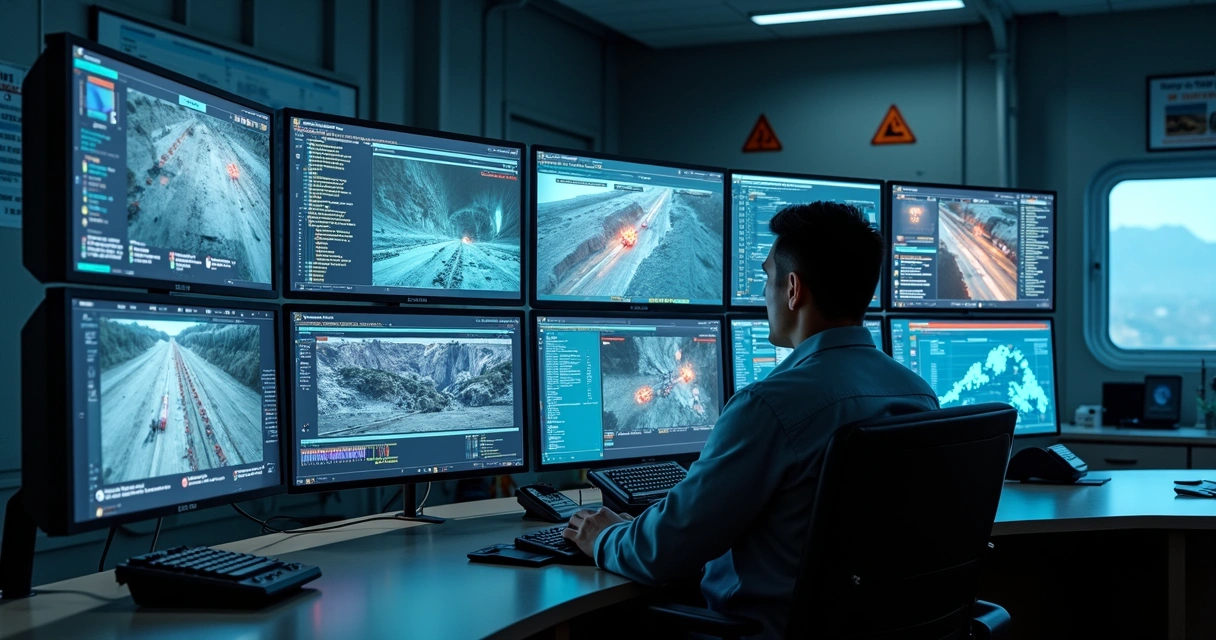 Operador em sala monitorando segurança de mineração em telas digitais 