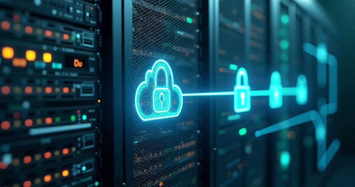 Conceito visual de segurança de dados em nuvem híbrida com cadeados e fluxos digitais 