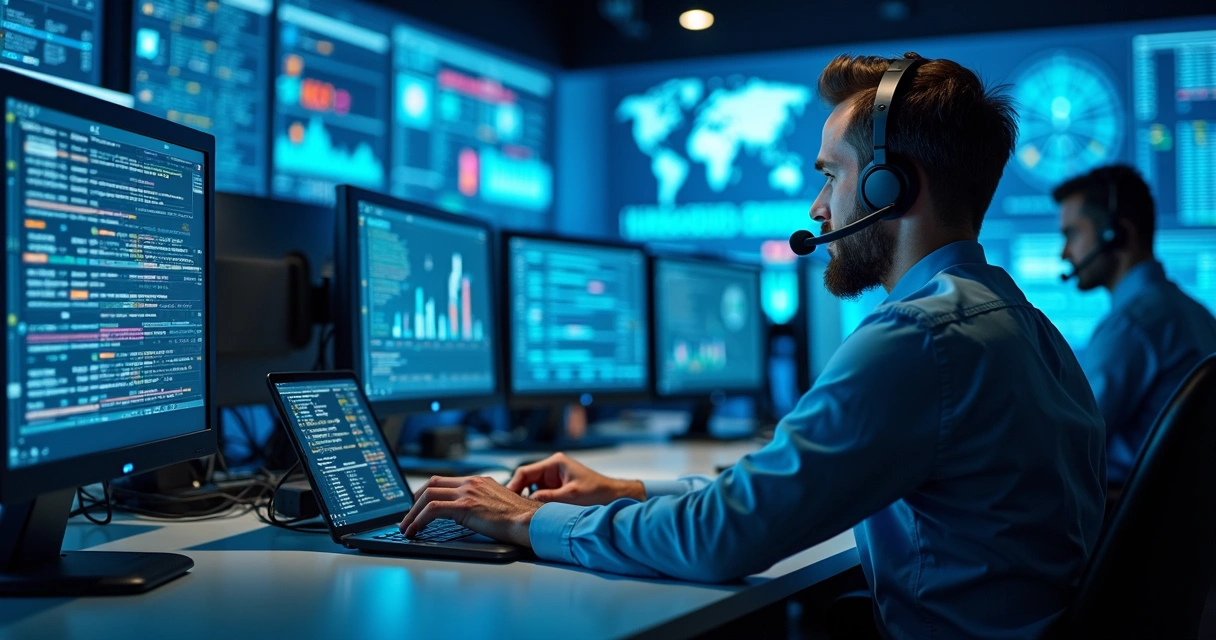 Equipe de TI monitorando dados em sala de controle tecnológica 