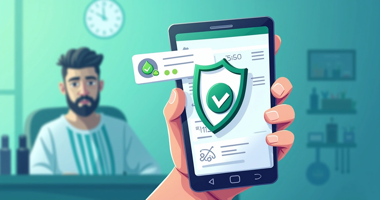 Interface digital mostrando transação protegida em barbearia 
