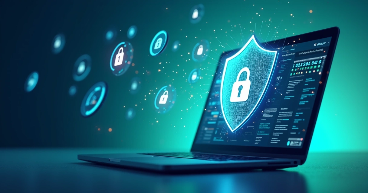Escudo digital protegendo dados financeiros na tela do computador 