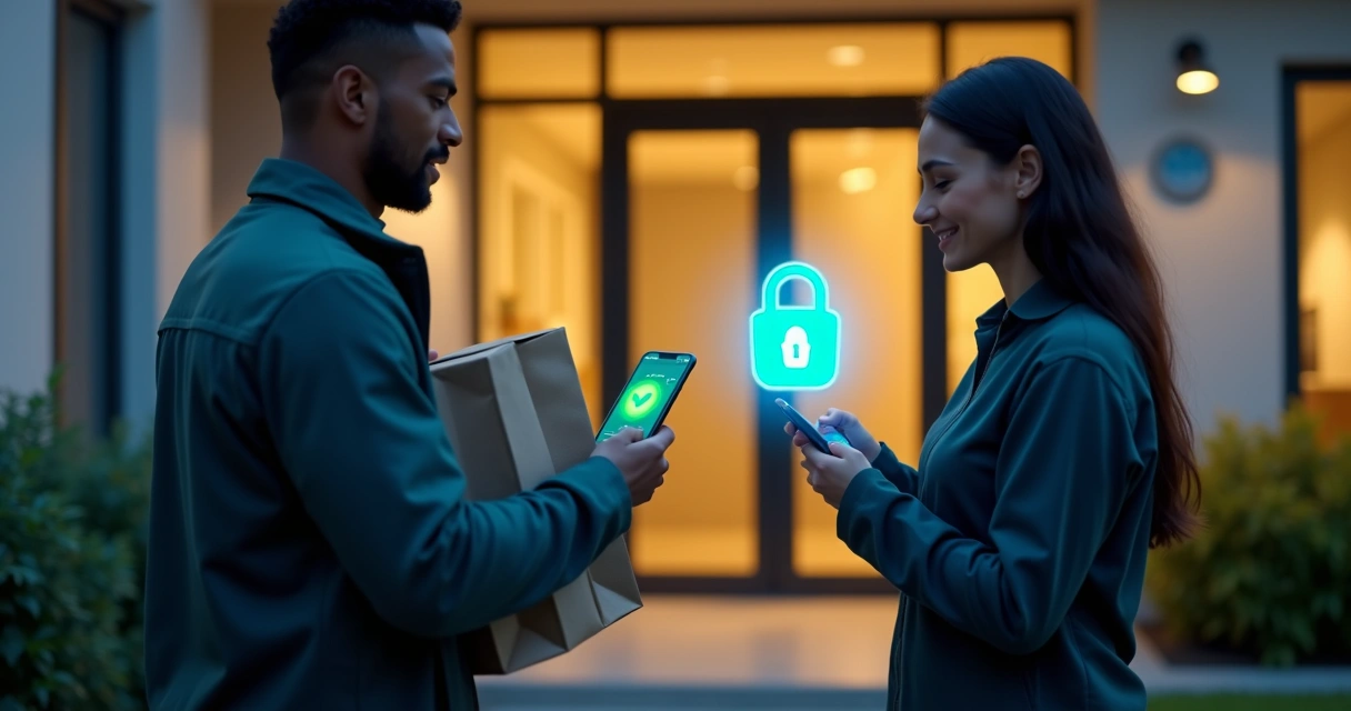 Entregador e cliente conferindo pagamento digital com cadeado de segurança em destaque 